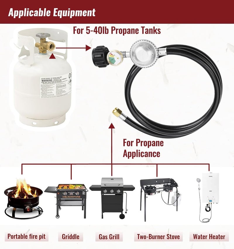 CALPOSE 6 Feet Propane Hose with Regulator & Gauge, Universal Gas Grill Regulator for Blackstone 28''/36'' Griddle, Weber Grill, Propane fire Pit and More, 3/8" Female Flare for Most LP Gas Grills - Image 4